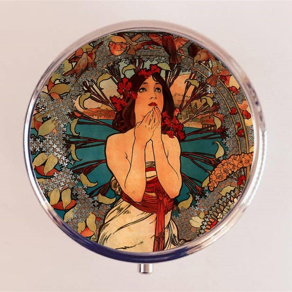 Alphonse Mucha Pill Box Case Pillbox Holder Trinket Praying Art Nouveau Boho Gypsy