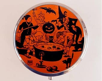 Retro Halloween Pill Box Case Pillbox Holder Trinket Box Bobbing for Apples 1950s