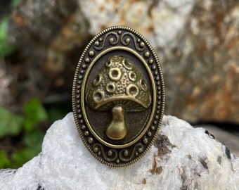 Antiqued Bronze Mushroom Adjustable Ring Mushrooms Mycology Brass