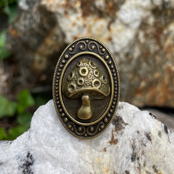 Antiqued Bronze Mushroom Adjustable Ring Mushrooms Mycology Brass