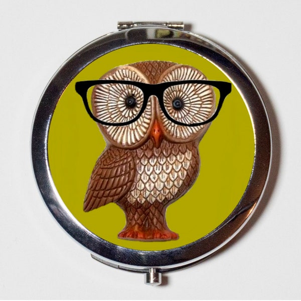 Owl Nerd Compact Mirror - Anthropomorphic Animal with Eyeglasses Pop Art Hipster - Make Up Pocket Mirror for Cosmetics