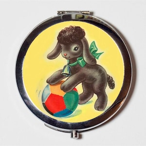 Retro Dog Compact Mirror - Puppy on Ball Retro Animal Art Whimsical - Make Up Pocket Mirror for Cosmetics