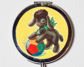 Retro Dog Compact Mirror - Puppy on Ball Retro Animal Art Whimsical - Make Up Pocket Mirror for Cosmetics