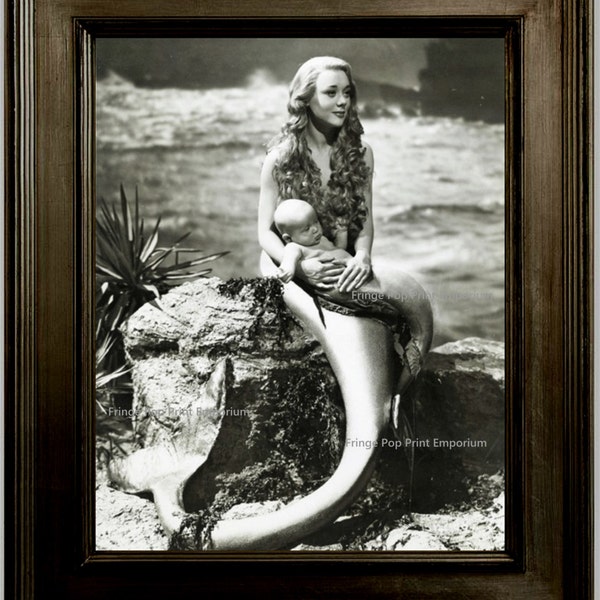 Retro Mermaid Photo Art Print 8 x 10 - Pinup Rockabilly - Retro 50s Kitsch Holding Baby Pin Up Nautical Ocean Art Beach Lovers Siren