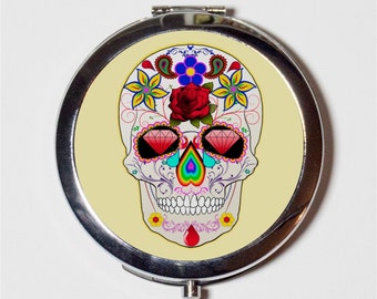 Sugar Skull Compact Mirror - Mexican Day of the Dead Holiday Dia De Los Muertos - Make Up Pocket Mirror for Cosmetics