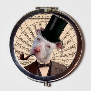 Steampunk Pitbull Compact Mirror - Victorian Pit Bull Dog Anthropomorphic Animal Art - Make Up Pocket Mirror for Cosmetics