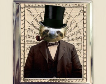 Victorian Steampunk Sloth Cigarette Case Business Card ID Holder Wallet Pop Animal Art Whimsical Anthropomorphic Victorian Altered Art