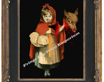 Little Red Riding Hood Art Print 8 x 10 - Gets Revenge on Big Bad Wolf