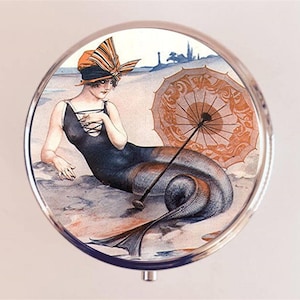 Mermaid Pill Box Case Pillbox Holder Trinket Art Deco Flapper Nautical Sirens