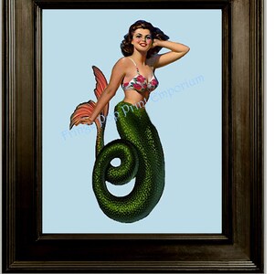 Mermaid Pin Up Art Print 8 x 10 - Brunette Mermaid Pin Up Girl on Light Blue - Retro Nautical