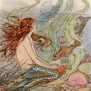 Fantasy Mermaid Art Print 8 x 10 Art Deco Nouveau Storybook Nautical Siren Mermaids Ocean Beach House Wall Art Whimsical image 2