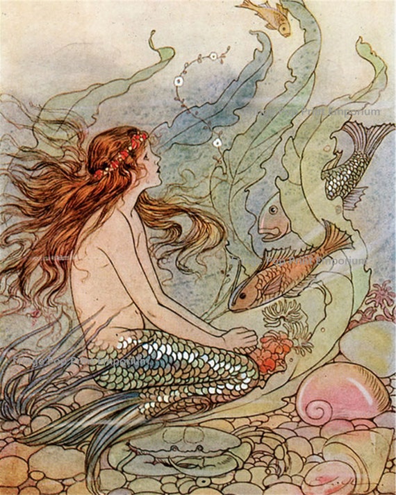 Fantasy Mermaid Art Print 8 X 10 Art Deco Nouveau Storybook