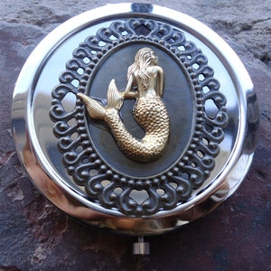 Mermaid Compact Mirror - Victorian Siren - Nautical - Filigree - Make Up - Cosmetics - Pocket Mirror