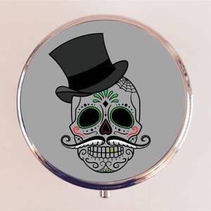 Sugar Skull Top Hat Pill Box Case Pillbox Holder Trinket Box Mustache Day of the Dead Dia De Los Muertes Black Mexican Goth