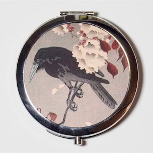 Japanese Woodblock Crow Cherry Blossom Compact Mirror - Sakura Black Bird Japan Asian Art - Make Up Pocket Mirror for Cosmetics