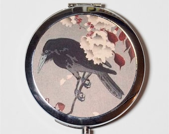 Japanese Woodblock Crow Cherry Blossom Compact Mirror - Sakura Black Bird Japan Asian Art - Make Up Pocket Mirror for Cosmetics