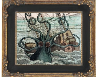 Kraken Octopus Art Print 8 x 10 - Victorian Nautical Oceanography Biology Sea Monster Attacks Ship Ocean Beach House Art