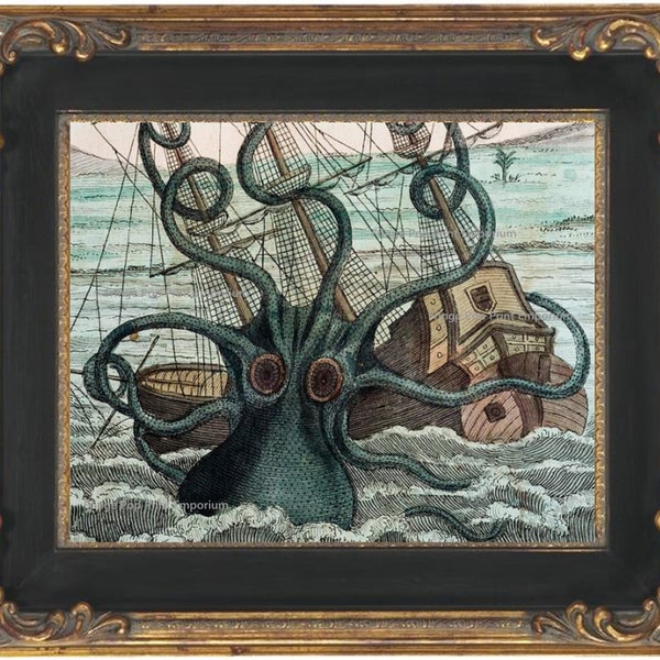 Kraken Octopus Art Print 8 x 10 - Victorian Nautical Oceanography Biology Sea Monster Attacks Ship Ocean Beach House Art