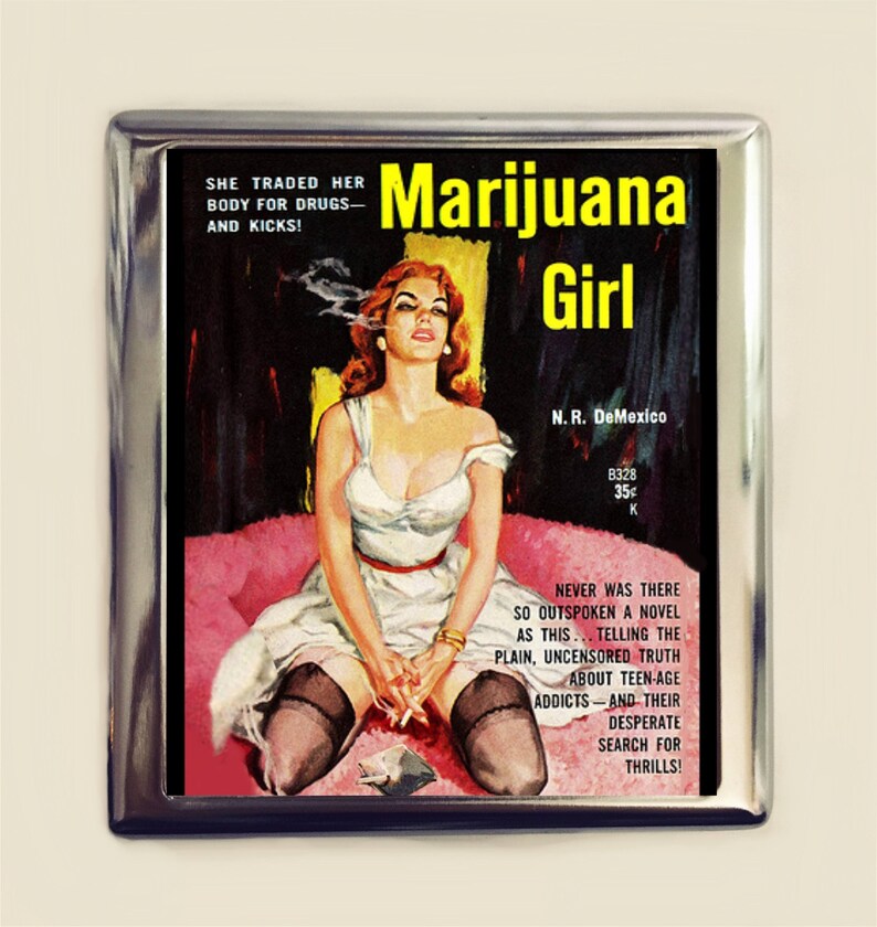 Marijuana Girl Cigarette Case Business Card ID Holder Wallet Cannabis Retro Stoner Smoking Weed Stoned Two Pulp Pinup Campy 