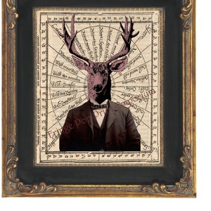 Victorian Deer Art Print 8 x 10 - Gentleman Deer on Old Map Image - Steampunk Altered Art - Antlers