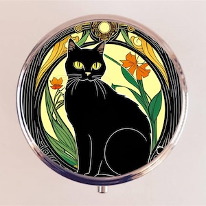 Art Nouveau Black Cat Pill Box Case Pillbox Holder Trinket Vintage Deco Animal Art