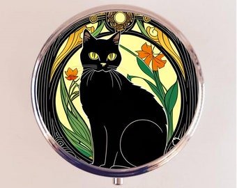 Art Nouveau Black Cat Pill Box Case Pillbox Holder Trinket Vintage Deco Animal Art