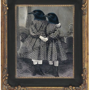 Victorian Crow Art Print 8 x 10 - Twin Sisters - Raven Blackbird - Altered Art - Pop Surrealism - Lowbrow