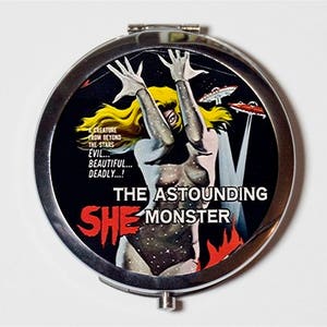B-Movie Compact Mirror - She Monster Campy Retro Kitsch - Make Up Pocket Mirror for Cosmetics