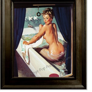 Pin Up Bathing Art Print 8 x 10 - 1950's Pinup Girl Taking a Bath - Risque - Whimsical - Rockabilly - Illustration