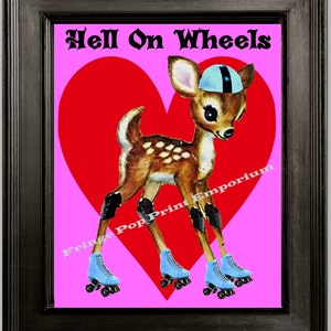 Roller Derby Art Print 8 x 10 - Whimsical Roller Skating Deer Hell on Wheels