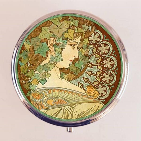 Alphonse Mucha Pill Box Case Pillbox Holder Trinket Art Nouveau Cameo Ivy