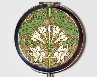 Art Nouveau Floral Compact Mirror - Edwardian Flower Pattern - Make Up Pocket Mirror for Cosmetics