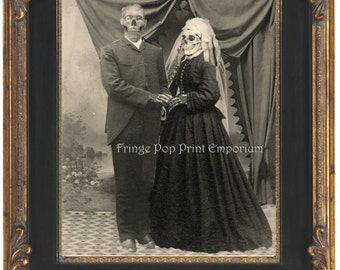 Undead Zombie Wedding Art Print 8 x 10 - Til Death Do Us Part - Victorian Skeleton Couple Getting Married Goth Horror Altered Art Version 2