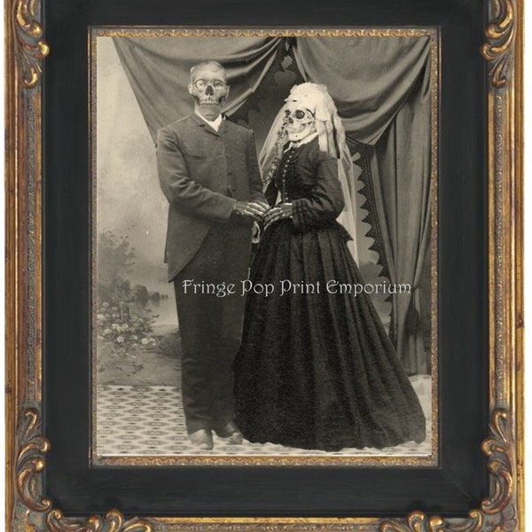 Undead Zombie Wedding Art Print 8 x 10 - Til Death Do Us Part - Victorian Skeleton Couple Getting Married Goth Horror Altered Art Version 2