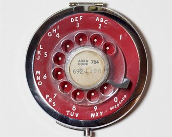 Rotary Telephone Flat Decal Compact Mirror - Red Dial Nostalgic Technology Phone - Make Up Pocket Mirror for Cosmetics