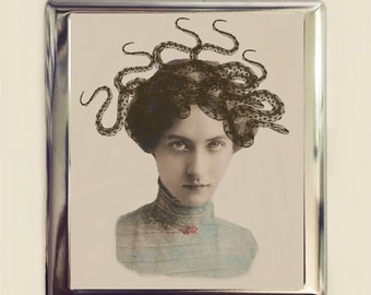 Medusa Cigarette Case Business Card ID Holder Wallet Altered Art Antique Photography Snake Woman