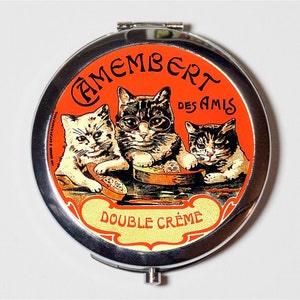 French Cat Creme Ad Compact Mirror - Vintage Advertisement Cats Whimsical - Make Up Pocket Mirror for Cosmetics