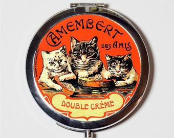 French Cat Creme Ad Compact Mirror - Vintage Advertisement Cats Whimsical - Make Up Pocket Mirror for Cosmetics