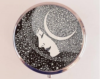 Moon Woman Pill Box Case Pillbox Holder Trinket Box Lunar Celestial Crescent Stars Vintage Art