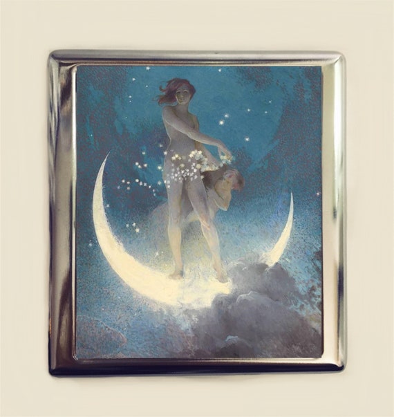 Fairy on Moon Cigarette Case Business Card ID Holder Wallet Art Nouveau  Deco Whimsical Fantasy Art