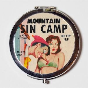 Pulp Sleaze Compact Mirror - Mountain Sin Camp Pulp Fiction Vintage Paperback - Make Up Pocket Mirror for Cosmetics