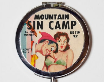 Pulp Sleaze Compact Mirror - Mountain Sin Camp Pulp Fiction Vintage Paperback - Make Up Pocket Mirror for Cosmetics