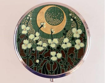 Art Nouveau Moon Pill Box Travel Case Pillbox Holder Art Deco 1920s Flower Floral