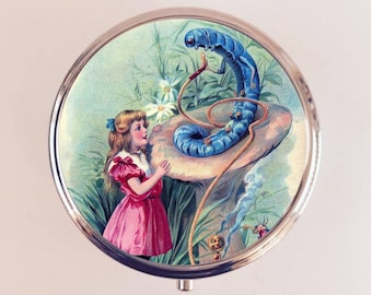 May include: A vintage illustration of a young girl in a pink dress talking to a blue caterpillar sitting on a mushroom. The caterpillar is smoking a hookah and has a long, thin body with a pointed head. The illustration is surrounded by a green and white floral background.