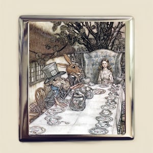 Alice im Wunderland Zigarettenetui Visitenkarte Ausweis Halter Brieftasche Tee Party Arthur Rackham Vintage Illustration Louis Carroll