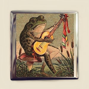 Viktorianischer Frosch spielt Banjo Zigarettenetui Visitenkarte Ausweishalter BrieftascheAnimal Art Whimsical Anthropomorphic Trade Card Style Two