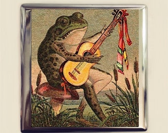 Victorian Frog Playing Banjo Cigarette Case Business Card ID Holder WalletAnimal Art Whimsical Anthropomorphic Trade Card Style Two