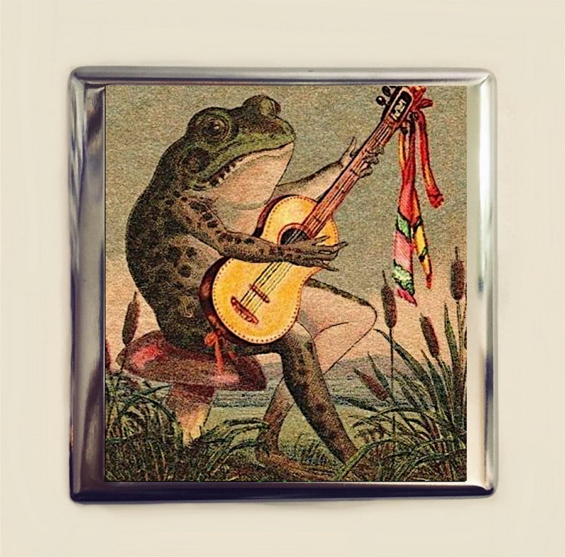 May include: A green frog with brown spots sits on a mushroom and plays a guitar with a colourful ribbon tied to the neck. The frog is in a swampy setting with tall green reeds.