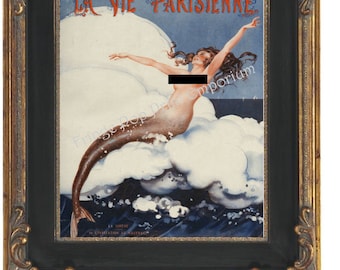 Paris Mermaid Parisienne Art Print 8 x 10 - Nautical - Mermaid on Wave - Pin Up Art - Art Deco Mature