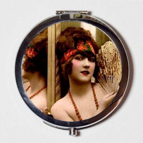 Flapper Fan Compact Mirror - Art Deco 1920s Jazz Age 20s - Make Up Pocket Mirror for Cosmetics